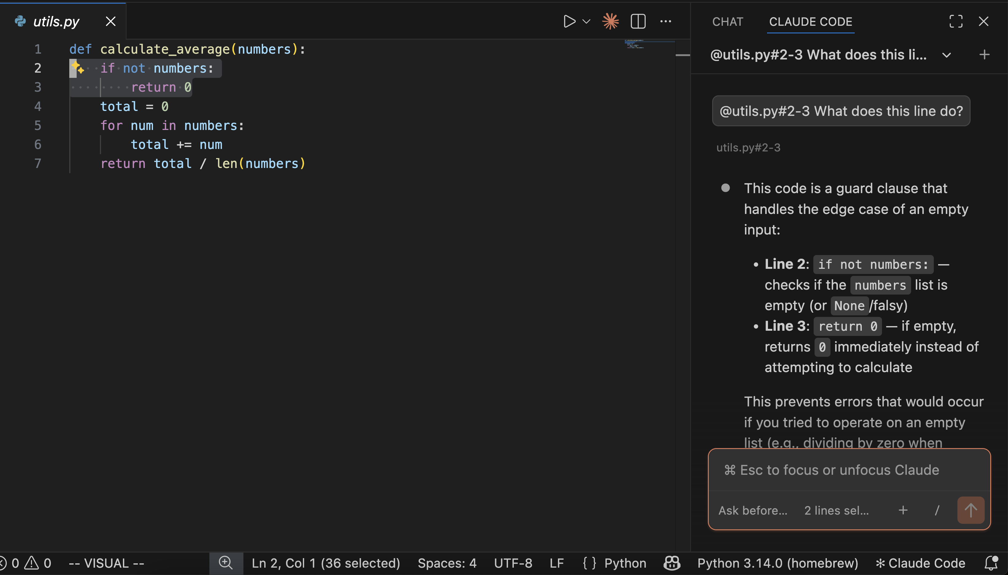 Éditeur VS Code avec une sélection de lignes dans un fichier et le panneau Claude Code montrant une question avec une référence de mention @