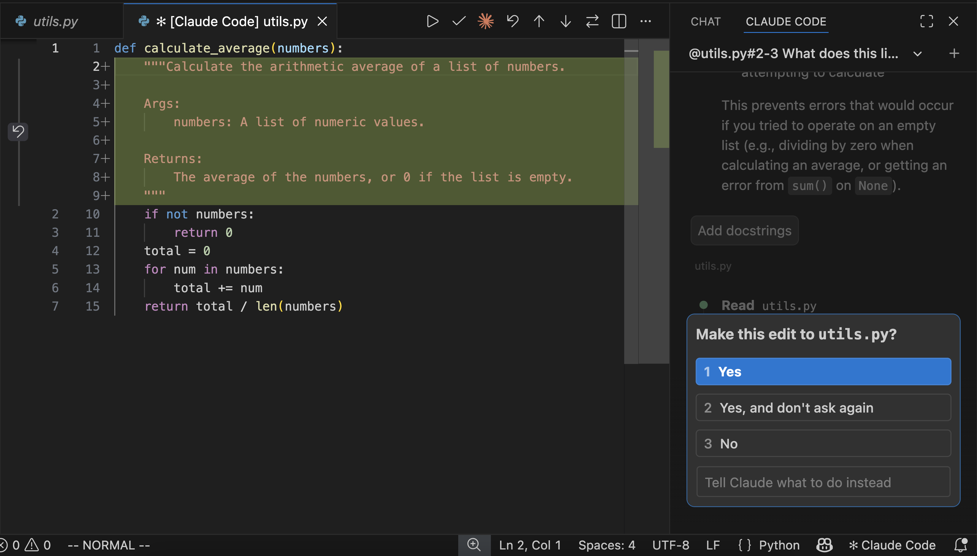 VS Code montrant un diff des modifications proposées par Claude avec une invite de permission demandant si vous souhaitez effectuer la modification