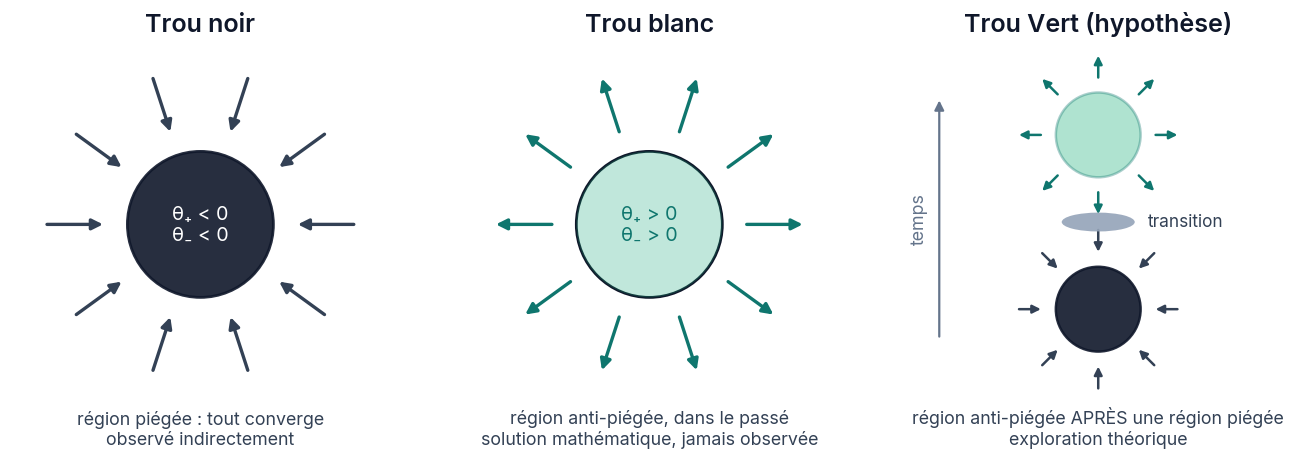 Trois schémas : un disque sombre avec des flèches entrantes (trou noir), un disque vert pâle avec des flèches sortantes (trou blanc), et une séquence verticale où un disque sombre devient un disque vert après une transition (Trou Vert)