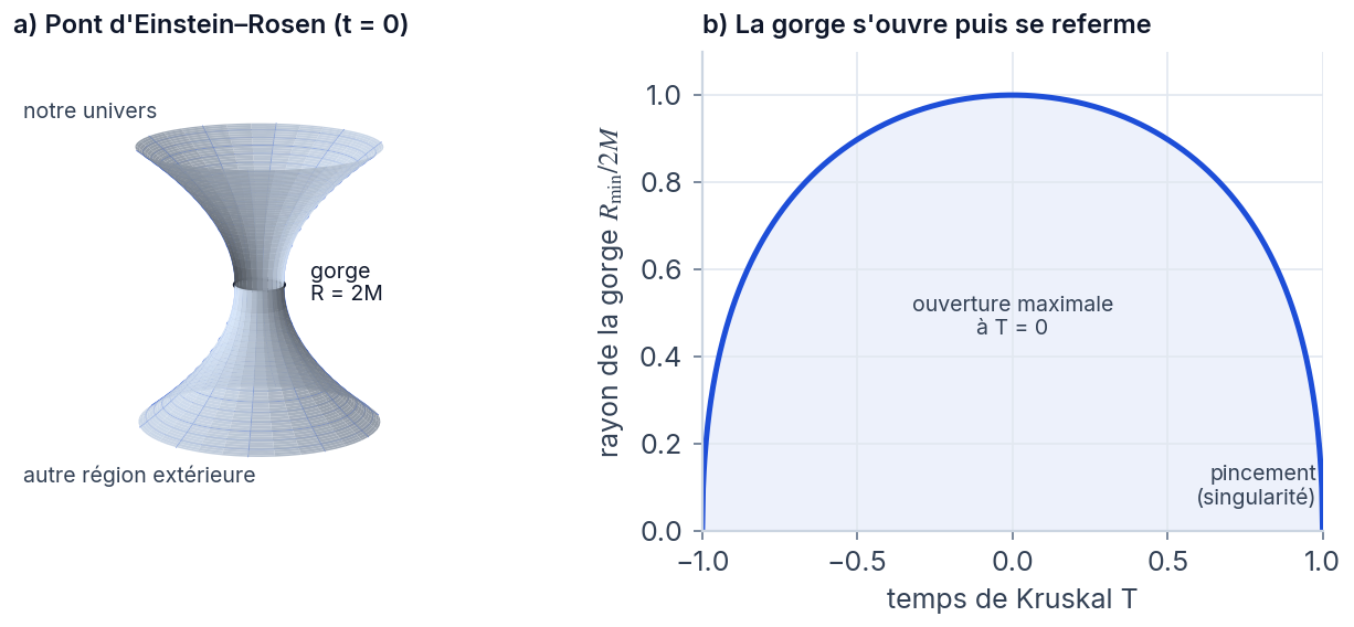 À gauche, une surface en forme de sablier reliant deux régions ; à droite, une courbe en cloche montrant le rayon de la gorge qui s’ouvre puis se referme