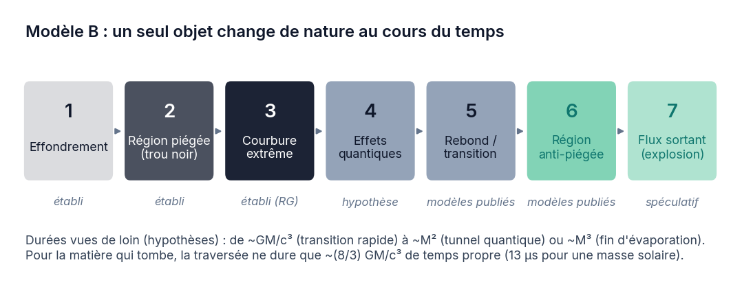 Sept cases colorées en séquence : effondrement, région piégée, courbure extrême, effets quantiques, rebond, région anti-piégée, flux sortant, avec sous chaque case son statut scientifique